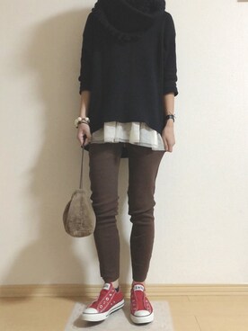 「6（ロク）の＜6(ROKU)＞THERMAL CREW NECK 6SLEEVE 3/サーマル（Tシャツ/カットソー）」を使った、km410さん（レディース・158cm）の冬コーディネート