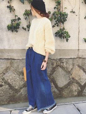 「フリンジデニム」｜「アイテム（ハンチング/ベレー帽）」を使った、Sato*さん（レディース・164cm）の冬コーディネート
