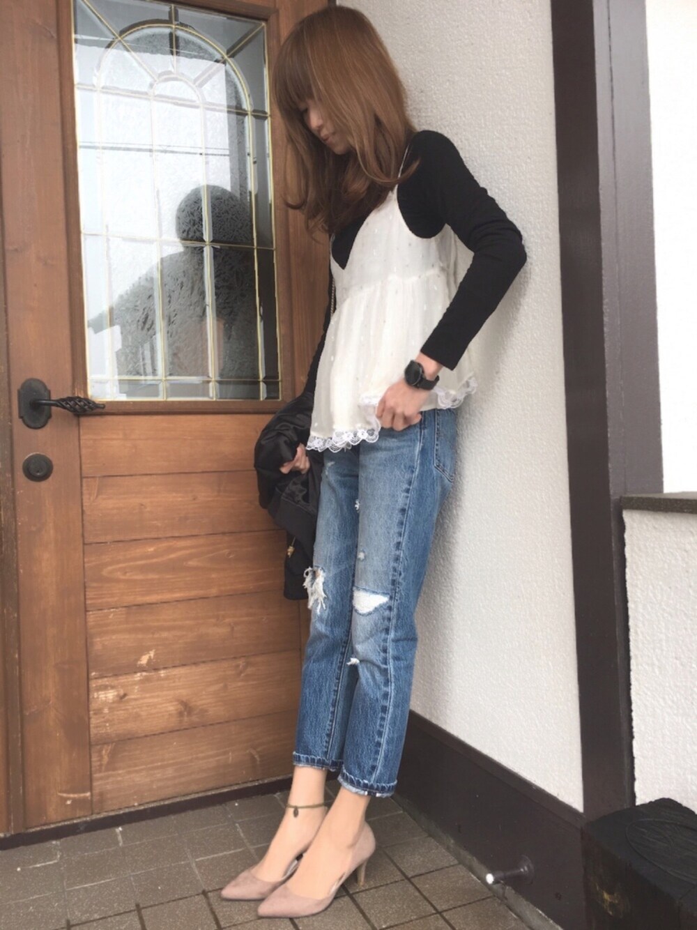 「ミスティ ウーマン(mysty woman)、mysty woman、501skinny、甘辛mix、レイヤードスタイル、スカジャン、オトナカジュアル、スプリングSENSEOFPLACE」｜「mysty womanの【リバーシブル】袖刺繍スカジャン×MA-1（MA-1、ブラック系）」を使った、Sato*さん（レディース・164cm）の春コーディネートの1枚目の写真