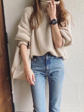 「MOUSSY（マウジー）のMVS SKINNY（デニムパンツ）」を使った、Sato*さん（レディース・164cm）の秋コーディネート