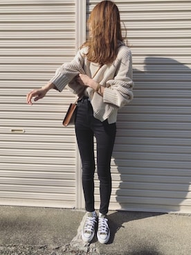 「MOUSSY（マウジー）のHW Rebirth L/BLACK SKINNY（デニムパンツ）」を使った、Sato*さん（レディース・164cm）の冬コーディネート