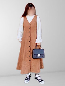 「RETRO GIRL（レトロガール）のアイテム（ジャンパースカート）」を使った、𝚖𝚊𝚛𝚛𝚘𝚗さん（レディース・160cm）の冬コーディネート