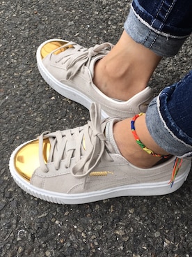 「PUMA（プーマ）のバスケット プラットフォーム パテント ウィメンズ (WOMEN)（スニーカー、ベージュ系）」を使った、hit☺︎miさん（レディース）の秋コーディネート