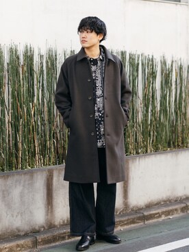 「バンダナ」｜「アイテム（ステンカラーコート）」を使った、kengoさん（メンズ・180cm）の冬コーディネート