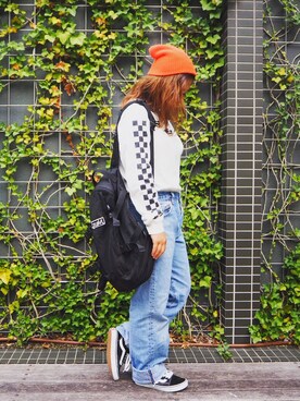 「X-girl（エックスガール）のOUTDOOR BACKPACK（バックパック/リュック）」を使った、あんぴすさん（レディース・156cm）の秋コーディネート