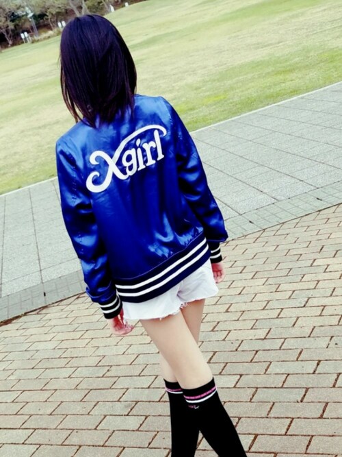 X-girl（エックスガール）の「SATIN VARSITY JACKET（スタジャン 