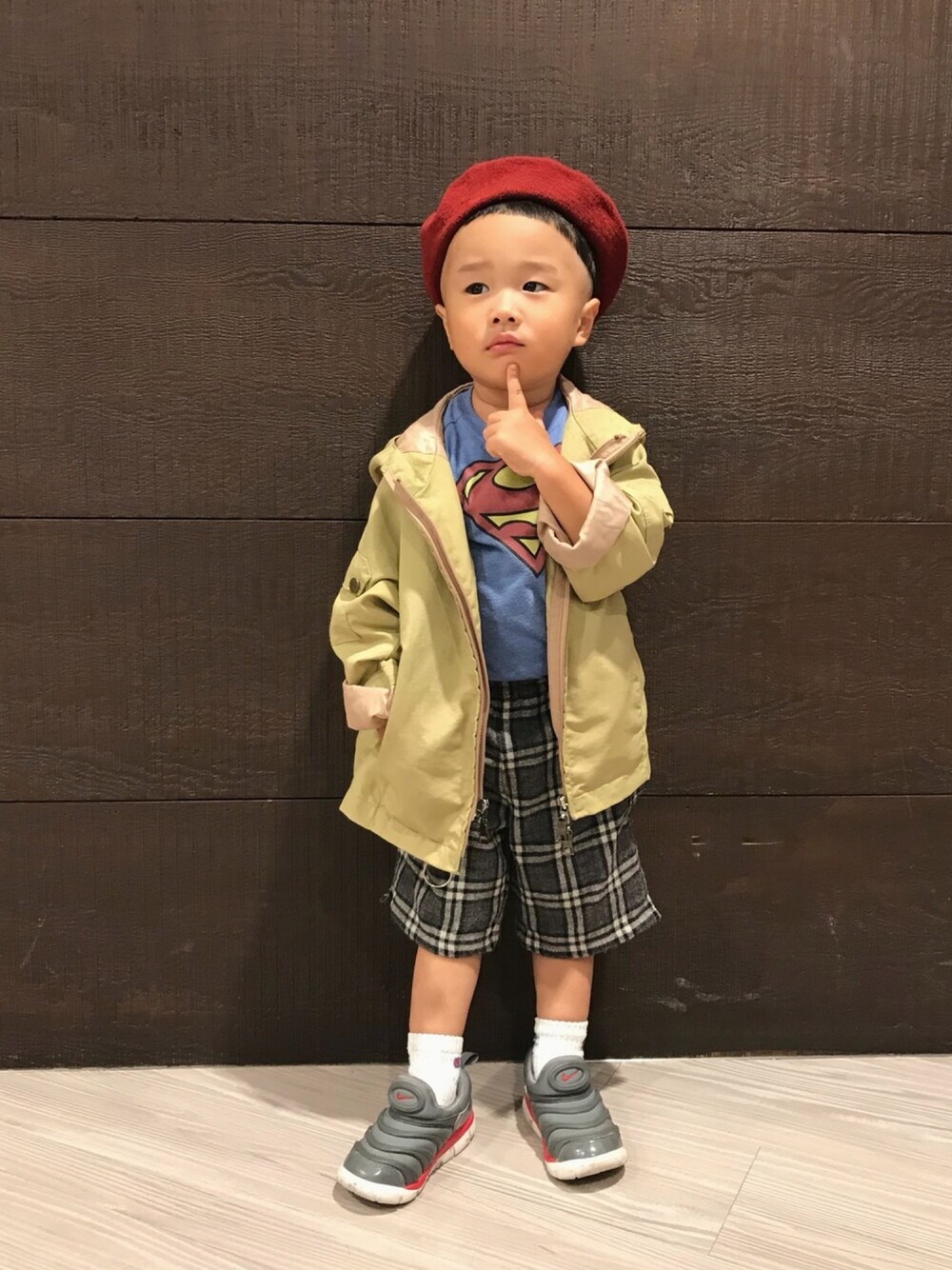 「男の子コーデ、kids、Ralph Lauren、バーバリーチェック、古着MIX、ベレー帽、アースカラー」｜「POLO RALPH LAURENのアイテム（その他アウター、ベージュ系）」を使った、むちむちくんさん（キッズ・90cm）の秋コーディネートの1枚目の写真