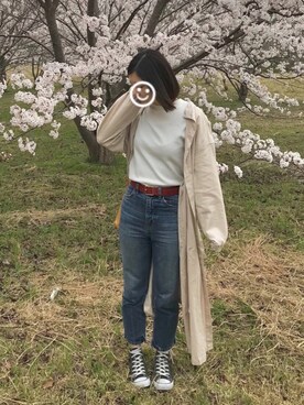 「JEANASIS（ジーナシス）のスクエアバックルレザーベルト/765593（ベルト）」を使った、manaさん（レディース・155cm）の春コーディネート