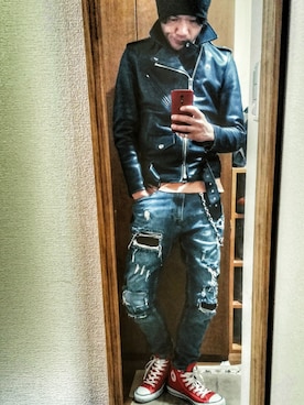 「オールスター」｜「アイテム（ライダースジャケット）」を使った、KOHさん（メンズ・172cm）の春コーディネート