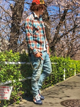 「BACKDROP（バックドロップ）のアイテム（ウォレットチェーン）」を使った、KOHさん（メンズ・172cm）の春コーディネート