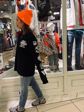 「NEW ERA（ニューエラ）の【×NEW ERA】ベーシック カフ ニットキャップ AC刺繍/BASIC CUFF KNIT CAP EMBROIDERY AC（ニットキャップ/ビーニー）」を使った、きゃらさわさん（レディース・153cm）の秋コーディネート