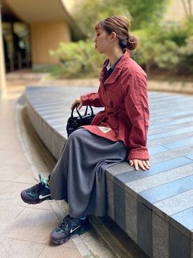 「アイテム（ミリタリージャケット、レッド系）」を使った、きゃらさわさん（レディース・153cm）の夏コーディネート