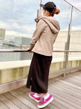 「レザーコーデ」｜「アイテム（帽子）」を使った、きゃらさわさん（レディース・153cm）の秋コーディネート