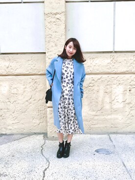 「LOWRYS FARM（ローリーズファーム）のワイドラペルロングコート（ダッフルコート、ブルー系）」を使った、Nanaさん（レディース・162cm）の冬コーディネート