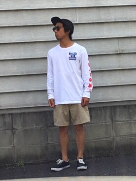 「DEUS EX MACHINA（デウスエクスマキナ）のアイテム（Tシャツ/カットソー、ホワイト系）」を使った、理一さん（メンズ・163cm）の春コーディネート