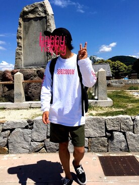 「WEGO（ウィゴー）のアイテム（Tシャツ/カットソー、ホワイト系）」を使った、理一さん（メンズ・163cm）の夏コーディネート