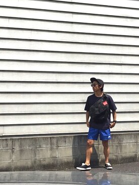 「Manhattan Portage（マンハッタンポーテージ）のアイテム（メッセンジャーバッグ、ブラック系）」を使った、理一さん（メンズ・163cm）の夏コーディネート