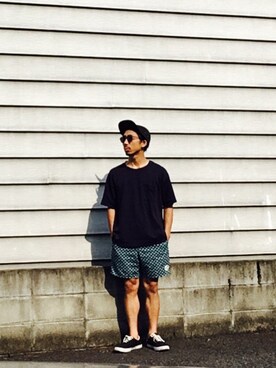 「GU（ジーユー）のアイテム（Tシャツ/カットソー、ブルー系）」を使った、理一さん（メンズ・163cm）の夏コーディネート