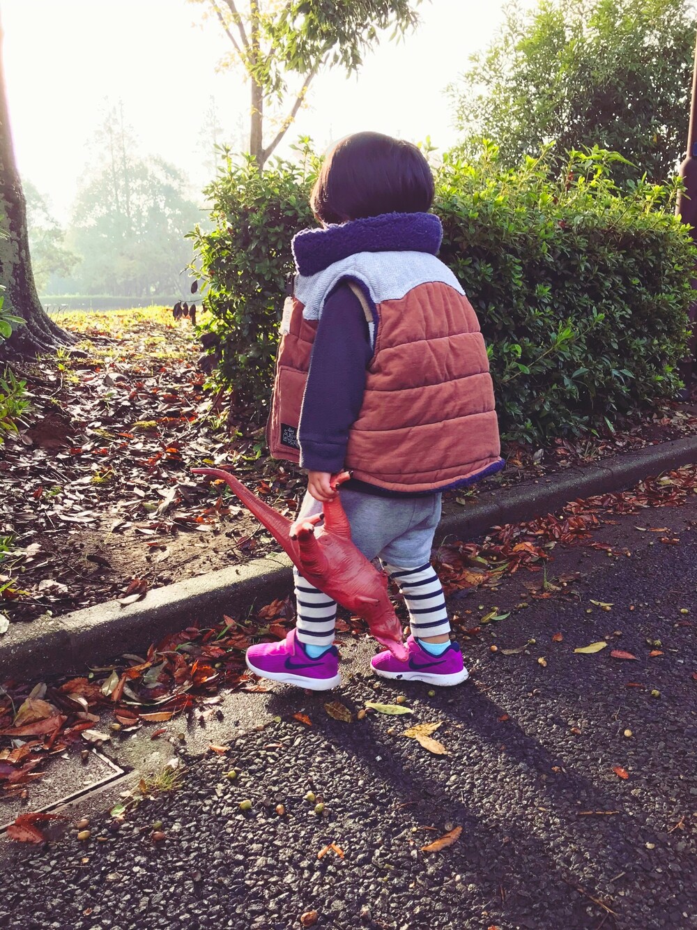 「秋冬コーデ、秋コーデ、むすこーで、プチプラコーデ、ダウンベスト、90cm、2歳、男の子コーデ、公園、公園スタイル」｜「Seraphのアイテム（ダウンベスト、ブラウン系）」を使った、kankanさん（キッズ・80cm）の秋コーディネートの1枚目の写真