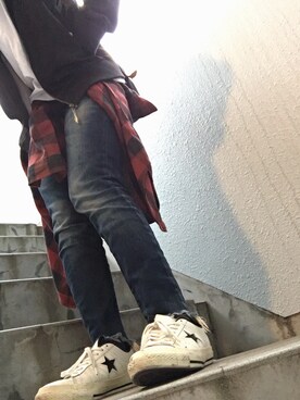 「CONVERSE（コンバース）のCONVERSE コンバース ONE STAR(A) 32340280 OX *WHITE/BLACK （スニーカー）」を使った、sayakaさん（レディース・158cm）の秋コーディネート