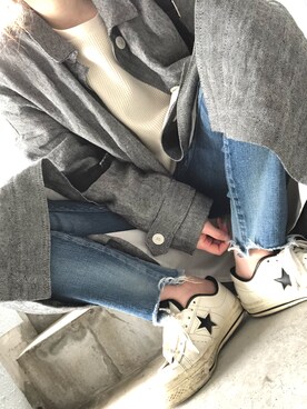 「CONVERSE（コンバース）のCONVERSE コンバース ONE STAR(A) 32340280 OX *WHITE/BLACK （スニーカー）」を使った、sayakaさん（レディース・158cm）の春コーディネート