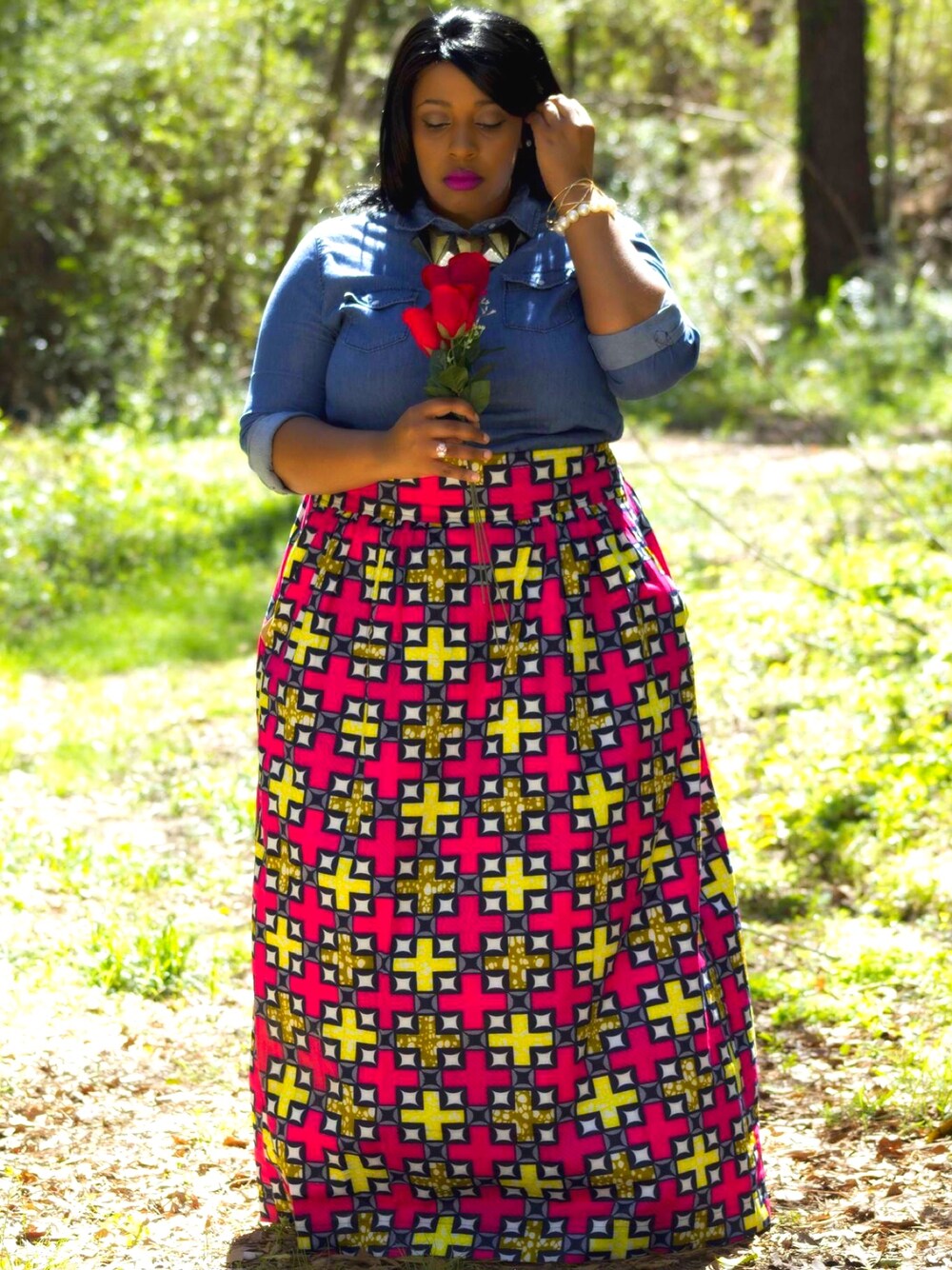 「springstlye、african mix、denim、spring、outfit、casual、pattern」｜「Aeropostaleのアイテム（シャツ/ブラウス、ブルー系）」を使った、Tae Atinel さん（レディース・157cm）の春コーディネートの1枚目の写真