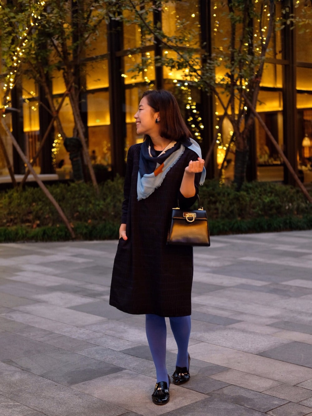「date style♡、daily look、outfit、秋コーデ、vintage、sweet、casual」｜「marimekkoのアイテム（マフラー、ブルー系）」を使った、自然卷tutuさん（レディース・160cm）の秋コーディネートの1枚目の写真
