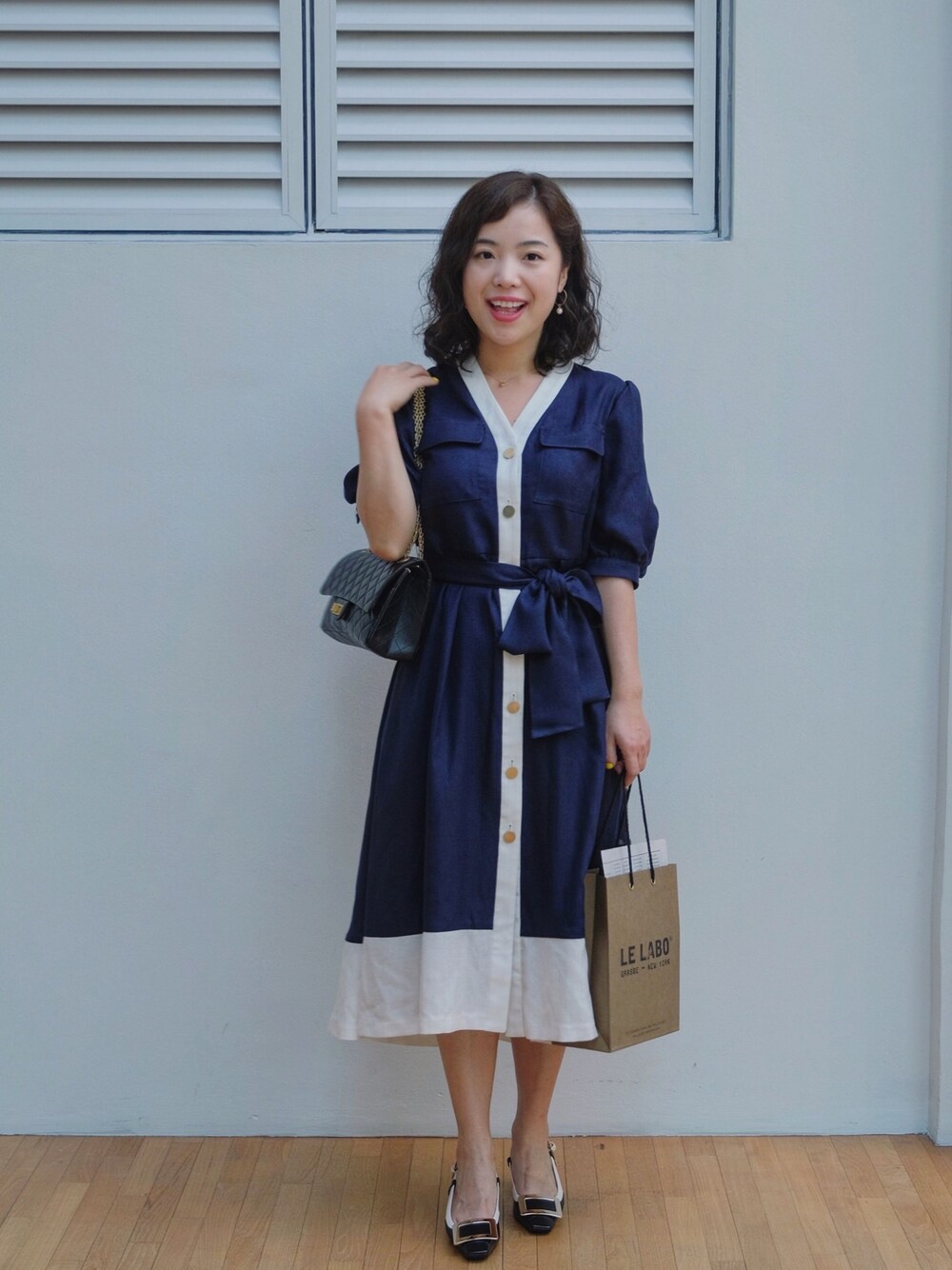 「daily look、date style♡、ootd、outfitoftheday、weekend、vintage style、chanel2.55」｜「GRACE CLASSのアイテム（ワンピース/ドレス、ブルー系）」を使った、自然卷tutuさん（レディース・160cm）の春コーディネートの1枚目の写真