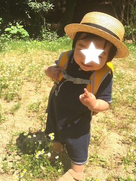 「PETIT BATEAU（プチバトー）の鹿の子編みポロ衿ショートロンパース（ロンパース、ブルー系）」を使った、KAN☻SHUさん（キッズ・100cm）の春コーディネート