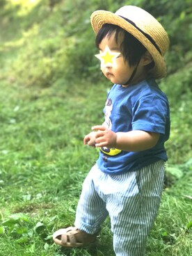 「petit main（プティマイン）のブルドッグプリント半袖Tシャツ（Tシャツ/カットソー、ブルー系）」を使った、KAN☻SHUさん（キッズ・100cm）の春コーディネート