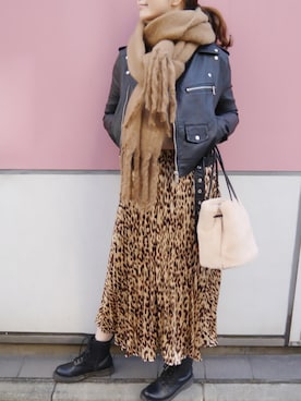 「アイテム（ライダースジャケット）」を使った、Mamiさん（レディース・159cm）の冬コーディネート