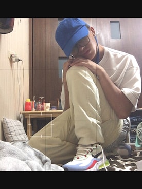 「PEACEMINUSONE（ピースマイナスワン）のアイテム（Cap、ブルー系）」を使った、오이민/Minminさん（メンズ・173cm）の冬コーディネート