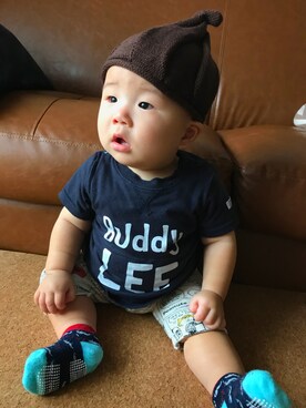 「BUDDY Lee（バディーリー）のアイテム（ロンパース、ブルー系）」を使った、さくままさんの秋コーディネート