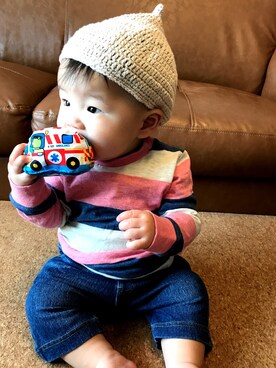 「西松屋（ニシマツヤ）のアイテム（Tシャツ/カットソー、ピンク系）」を使った、さくままさんの秋コーディネート