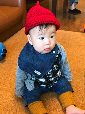 「Handmade（ハンドメイド）のアイテム（スタイ/よだれかけ、ブルー系）」を使った、さくままさんの秋コーディネート