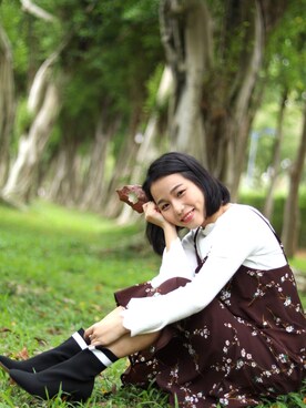 「mocha（モチャ）のアイテム（ブーツ、ブラック系）」を使った、Woof💤さん（レディース）の冬コーディネート