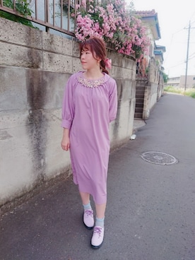 「夏コーデ」｜「アイテム（チュニック、パープル系）」を使った、airuruさん（レディース・167cm）の春コーディネート