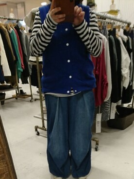 「clip tabのアイテム（デニムパンツ、ブルー系）」を使った、みさびっちさん（レディース・146cm）の春コーディネート
