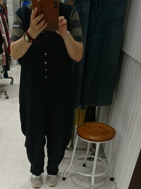 「A+koloniのアイテム（サロペット/オーバーオール、ブラック系）」を使った、みさびっちさん（レディース・146cm）の夏コーディネート