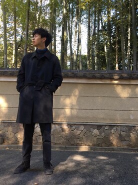 「paltoのアイテム（チェスターコート、ブラック系）」を使った、やまのんさん（メンズ・185cm）の冬コーディネート