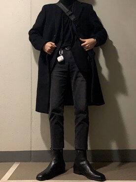 「真っ黒コーデ」｜「アイテム（ジャケット/アウター）」を使った、ゆんさん（メンズ・178cm）の秋コーディネート