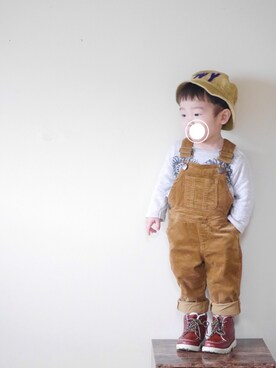 「アイテム（サロペット/オーバーオール、イエロー系）」を使った、(嵐太)arata.✩さん（キッズ・80cm）の冬コーディネート
