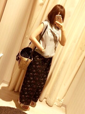 「niko and...（ニコアンド）のオリジナル ミニラインテープカゴバッグ【niko and...】（かごバッグ）」を使った、きゅきゅさん（レディース・164cm）の夏コーディネート