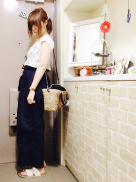 「niko and...（ニコアンド）のオリジナル ミニラインテープカゴバッグ【niko and...】（かごバッグ）」を使った、きゅきゅさん（レディース・164cm）の夏コーディネート