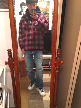 「？？？のアイテム（パーカー、ブルー系）」を使った、☑️TSUYOSHIさん（メンズ・165cm）の冬コーディネート