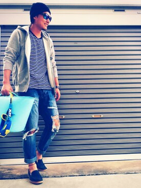 「アイテム（スリッポン、ブルー系）」を使った、エポジンさん（メンズ・175cm）の春コーディネート