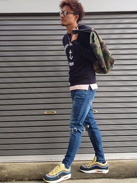 「カモ柄」｜「アイテム（スウェット）」を使った、エポジンさん（メンズ・175cm）の秋コーディネート