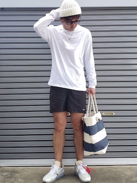 「オフホワイト」｜「アイテム（ニットキャップ/ビーニー）」を使った、エポジンさん（メンズ・175cm）の夏コーディネート