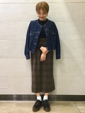 「グレンチェック」｜「アイテム（デニムジャケット）」を使った、Ayaka Tanoさん（レディース・152cm）の秋コーディネート