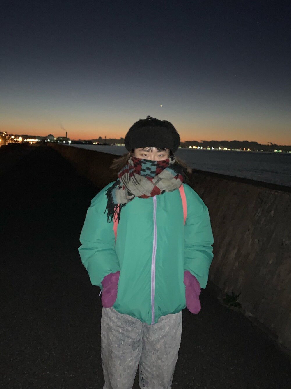 パープル系のダウンジャケット/コート、パープル系の手袋、その他のマフラーを着用したレディースの冬コーディネートの1枚目の写真